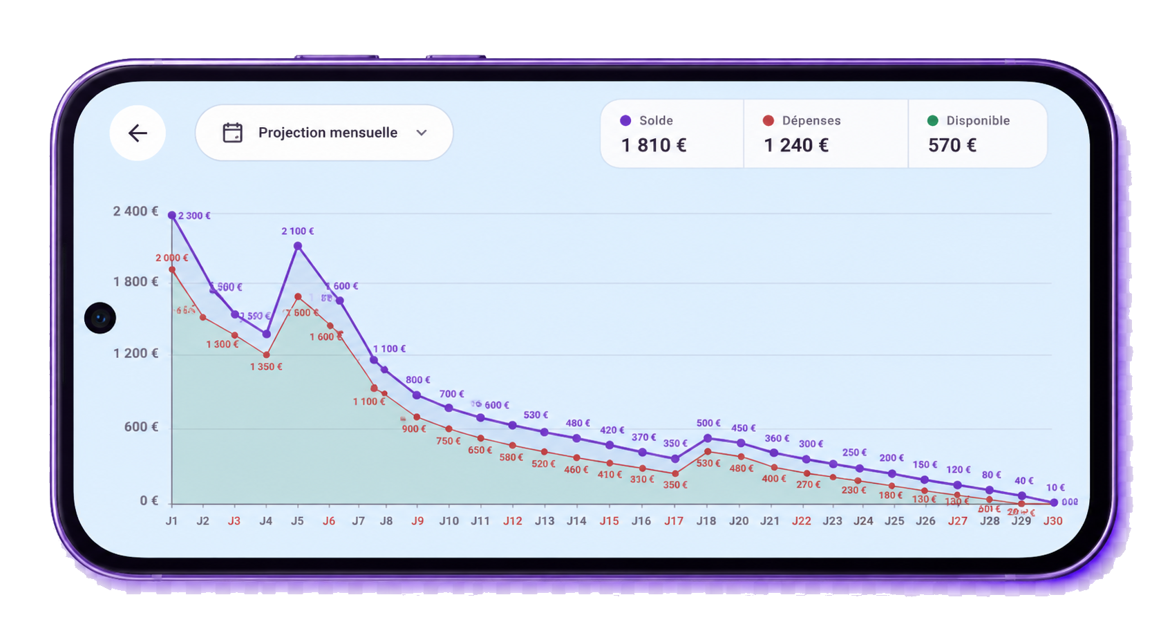 Smartphone Purple Ledger affichant une projection mensuelle fictive