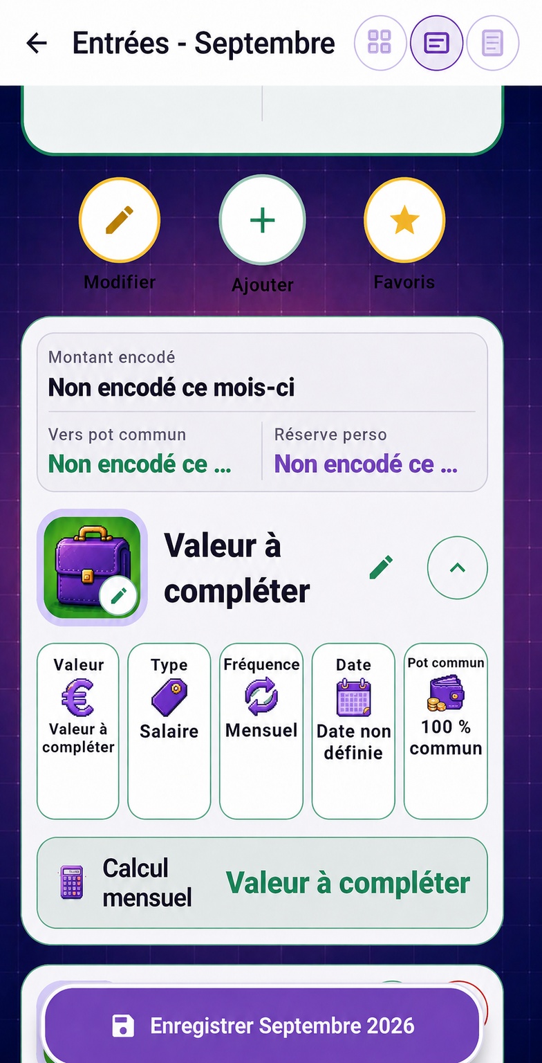 Capsule d’entrée Purple Ledger avec son résumé en haut et son calcul mensuel en bas