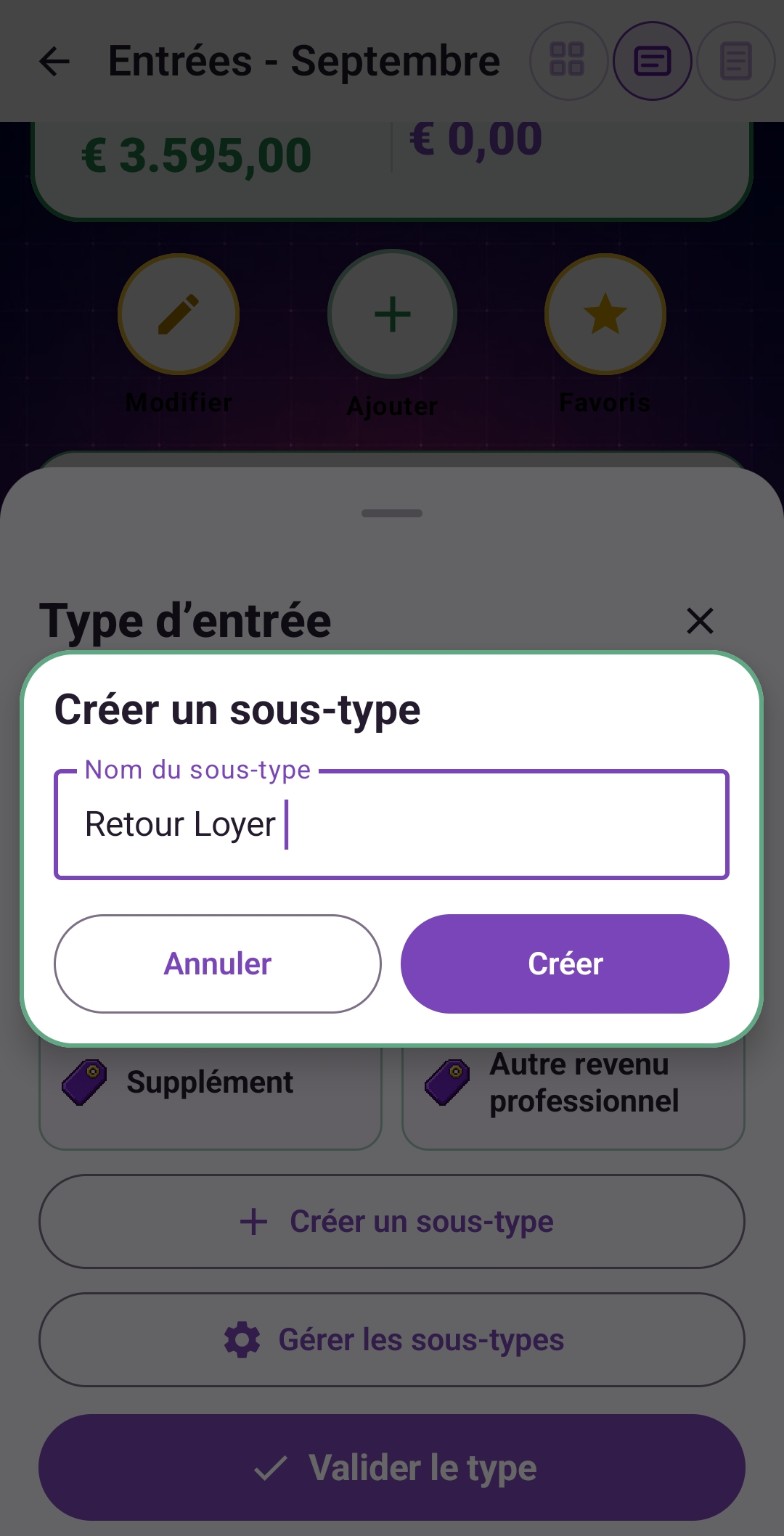 Création d’un sous-type personnalisé dans Purple Ledger