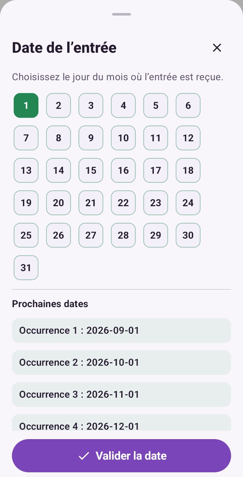 Choix du jour de réception d’une entrée dans Purple Ledger