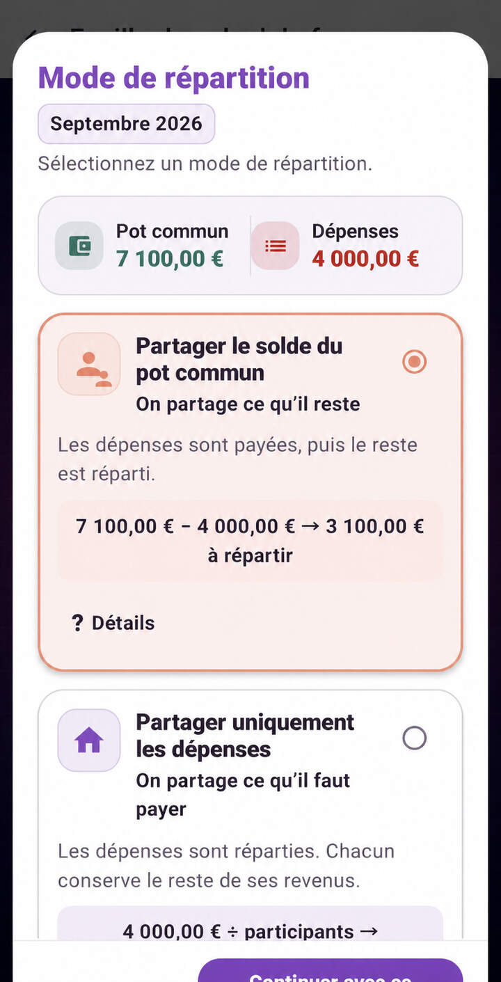 Choix anonymisé du mode de répartition du cashback