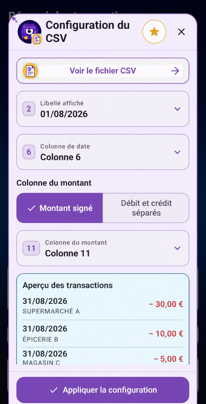 Configuration anonymisée des colonnes d’un fichier CSV bancaire