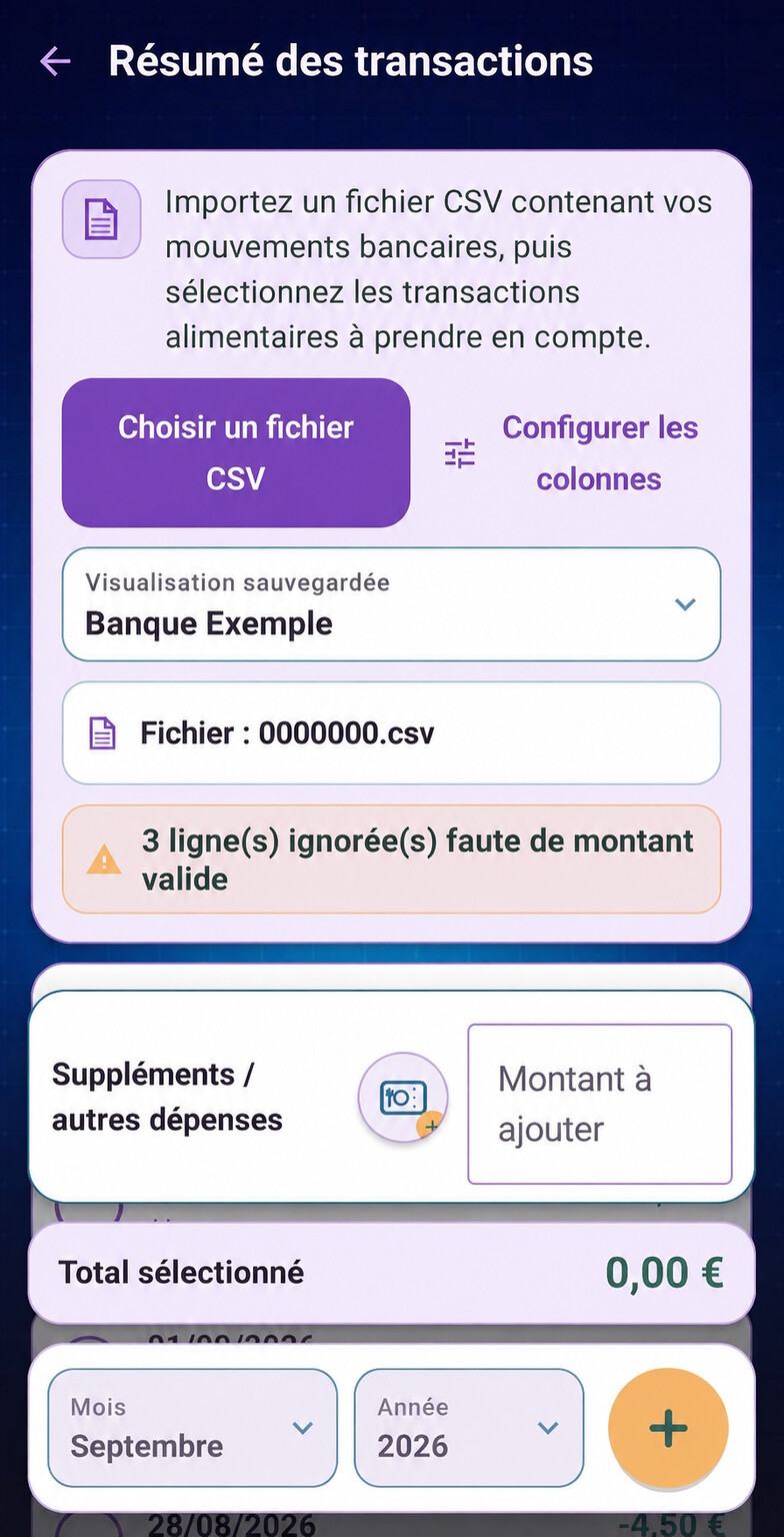 Import CSV anonymisé avec un numéro de compte fictif 0000000
