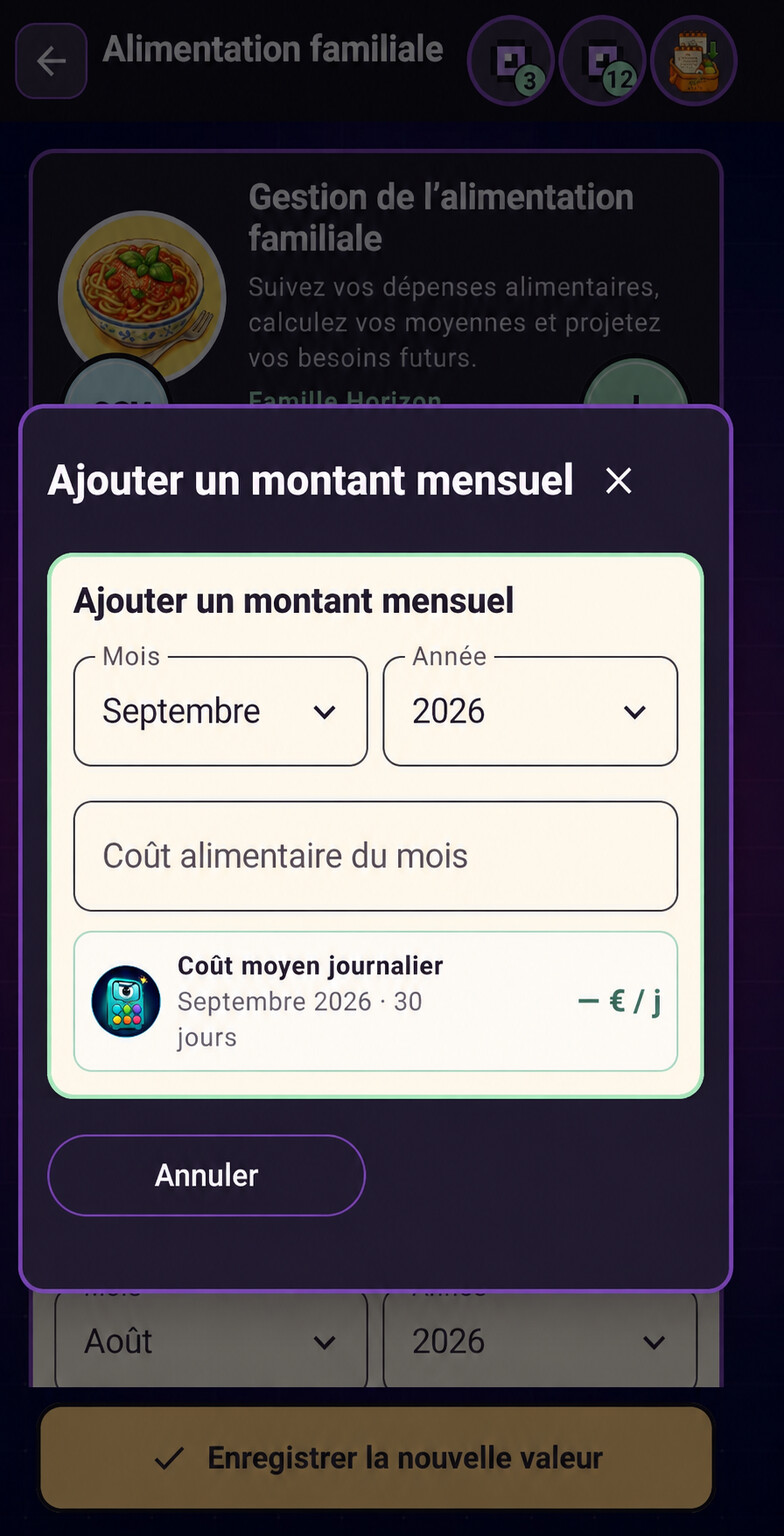 Fenêtre anonymisée d’ajout manuel d’un montant alimentaire