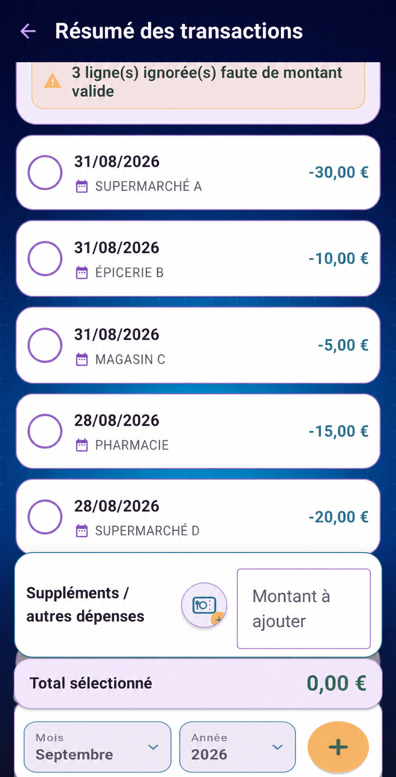 Liste fictive et anonymisée de transactions à sélectionner