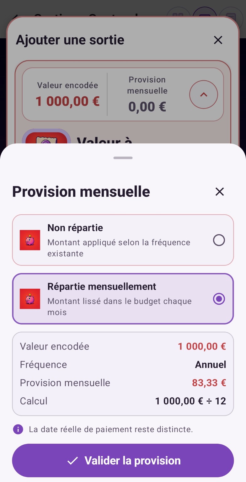 Choix de répartition mensuelle d’une provision dans Purple Ledger
