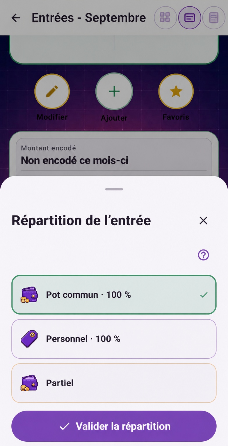 Choix entre pot commun, personnel et partiel dans Purple Ledger