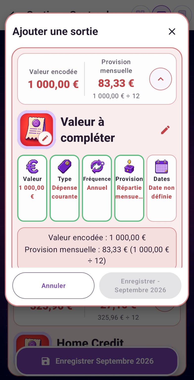 Sortie annuelle configurée avec une provision mensuelle de 83,33 euros