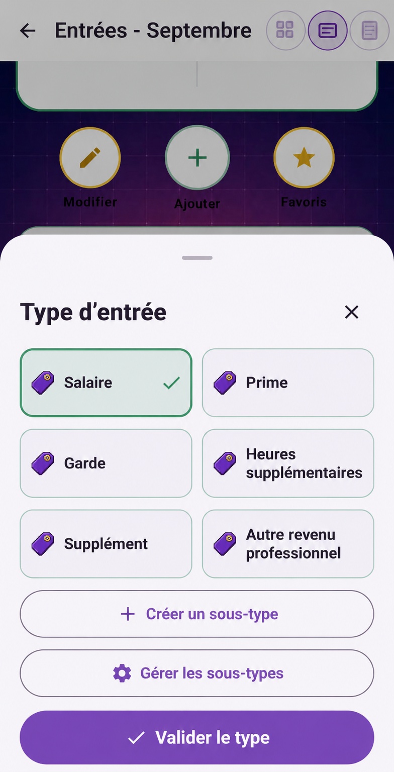 Choix du type d’entrée dans Purple Ledger
