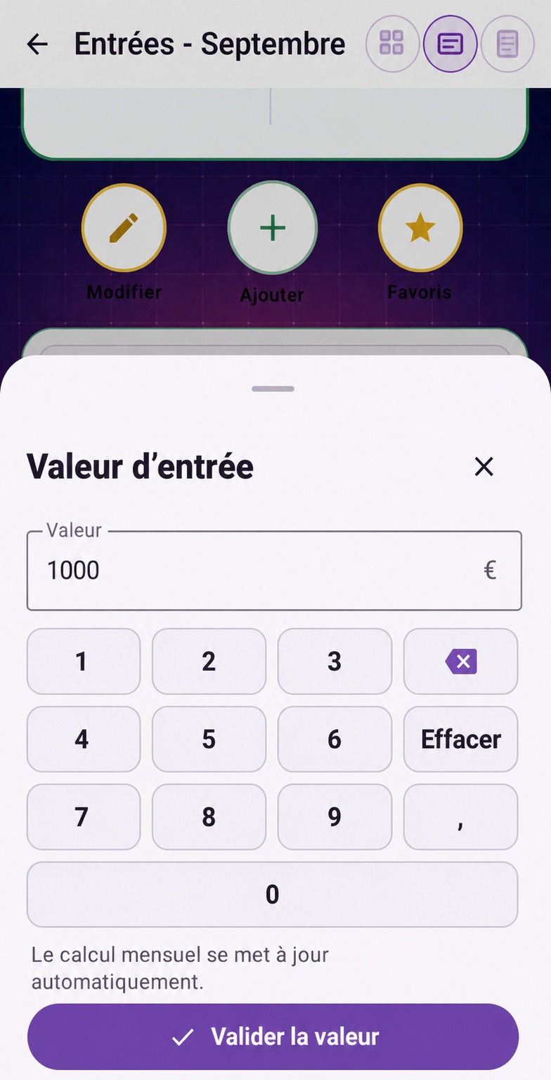 Clavier de saisie de la valeur d’une entrée dans Purple Ledger
