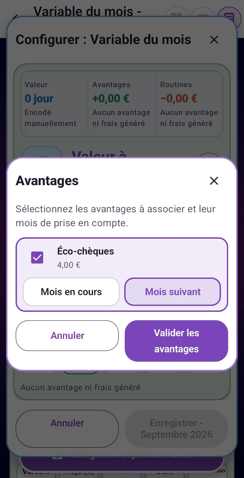 Sélection d’un avantage fictif et de son mois de prise en compte