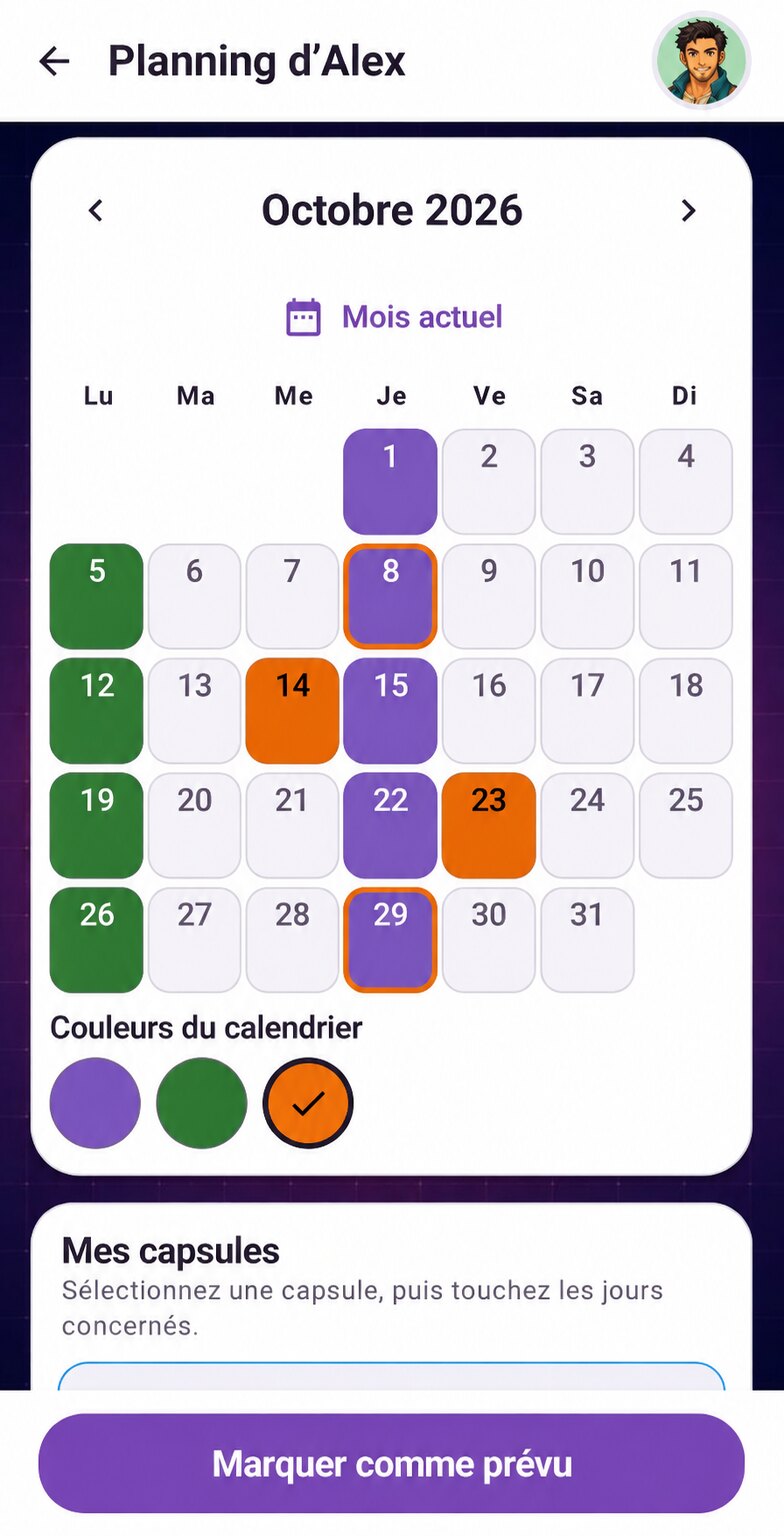 Planning fictif d’Alex avec plusieurs variables colorées