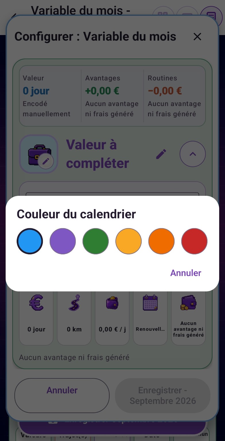 Choix de la couleur du calendrier