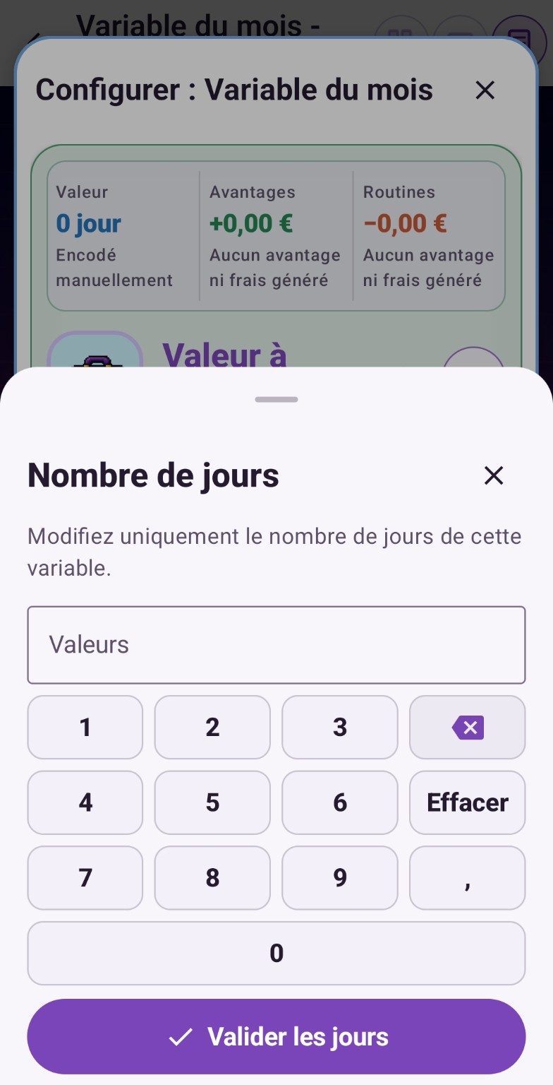 Clavier de saisie du nombre de jours d’une variable