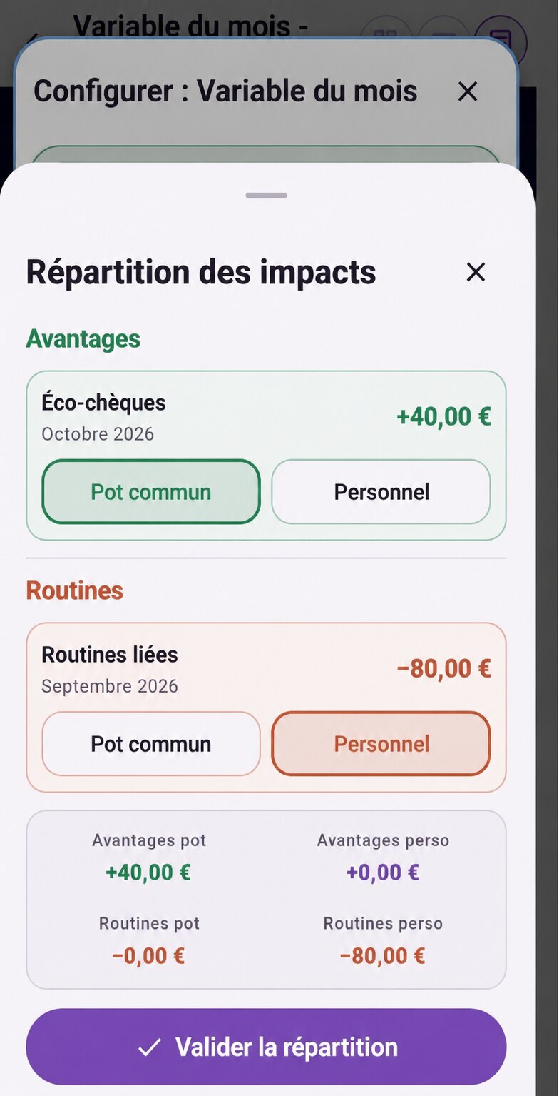Répartition fictive des avantages et routines entre pot commun et personnel