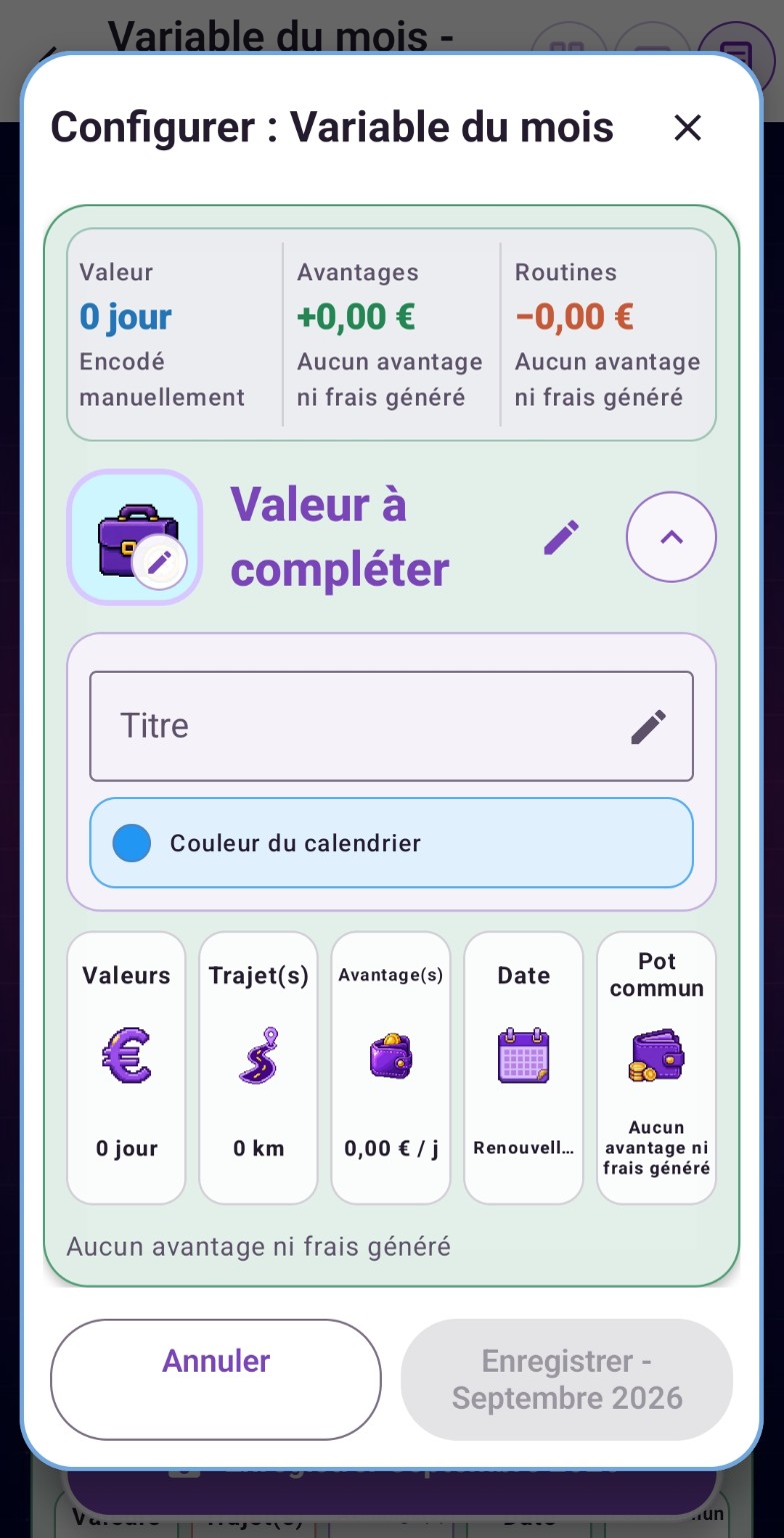 Fenêtre principale de configuration d’une variable du mois dans Purple Ledger