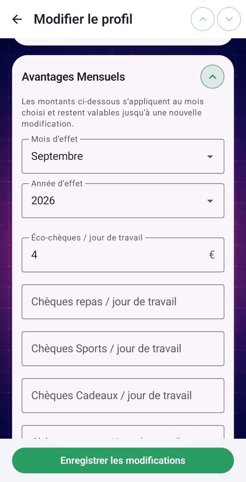 Réglage fictif des avantages mensuels dans le profil