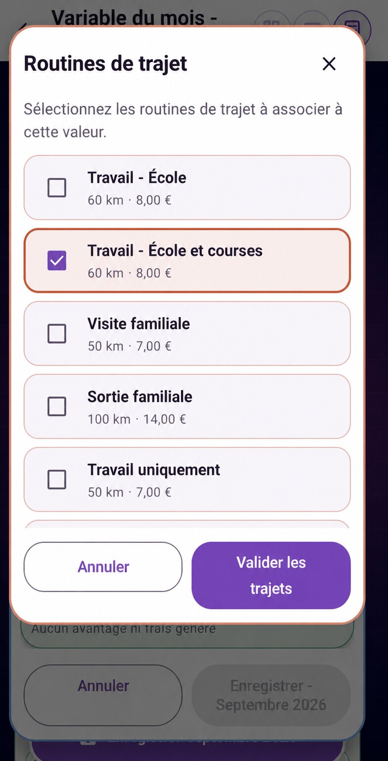Sélection d’une routine de trajet fictive dans Purple Ledger