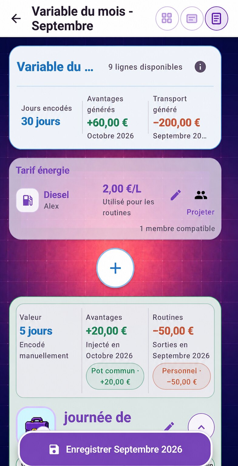 Résumé fictif et anonymisé des variables, avantages et frais de transport