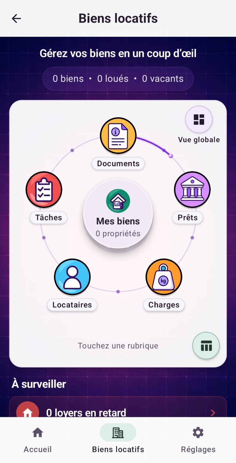 Interface Purple Ledger de gestion des biens locatifs