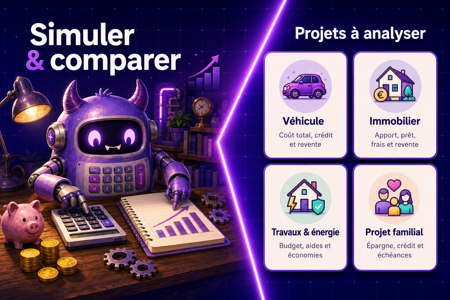 Aperçu anonymisé des simulateurs et des catégories de projets dans Purple Ledger